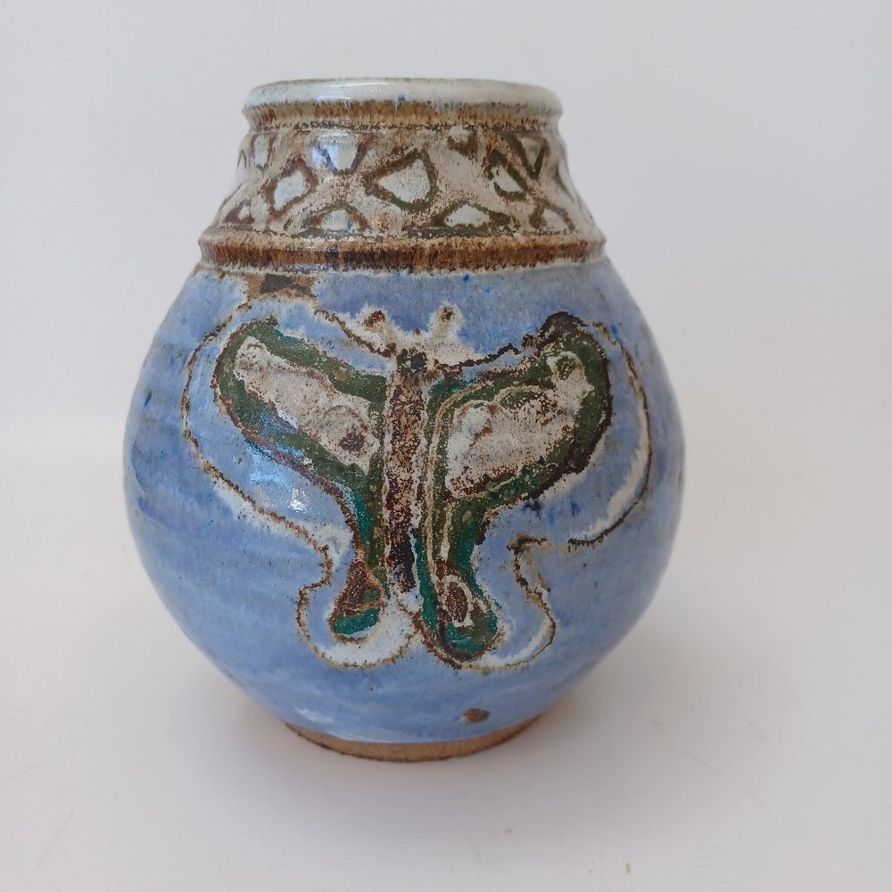 Our‎ Gang Pottery Vase Blue Butterfly Hand Crafted Folk Art